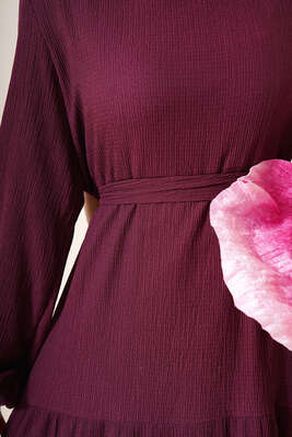 Kat Kat Bürümcük Kuşaklı Elbise Mürdüm - Yılın Fırsatı