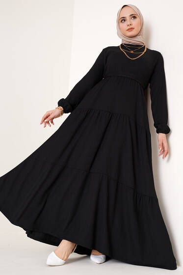 Kat Kat Bürümcük Kuşaklı Elbise Siyah - Elbise