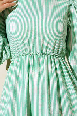 Kat Kat Çizgili Gofre Elbise Yeşil - Thumbnail