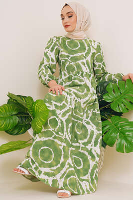 Kat Kat Desenli Elbise Yeşil - Thumbnail