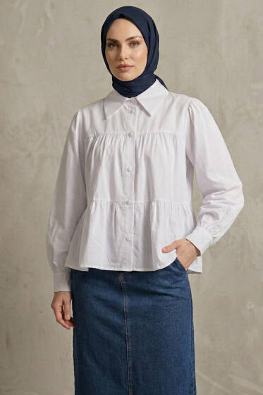 Kat Kat Detaylı Büzgülü Gömlek Beyaz - 300-500 TL Ürünler