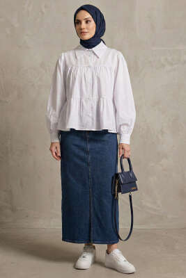 Kat Kat Detaylı Büzgülü Gömlek Beyaz - Gömlek