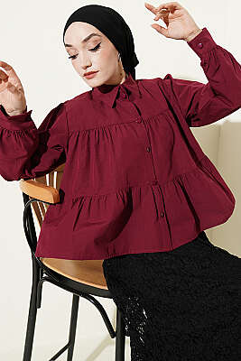 Kat Kat Detaylı Büzgülü Gömlek Bordo - TABLO FASHİON