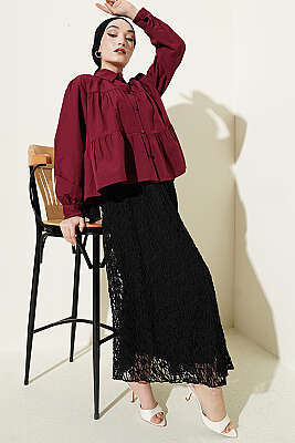 Kat Kat Detaylı Büzgülü Gömlek Bordo - Gömlek