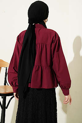 Kat Kat Detaylı Büzgülü Gömlek Bordo - Gömlek