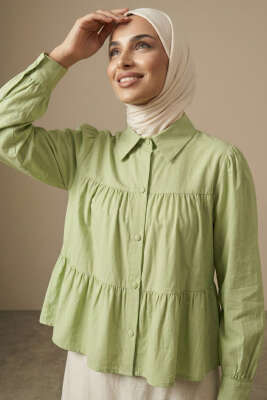 Kat Kat Detaylı Büzgülü Gömlek Çağla Yeşili - TABLO FASHİON