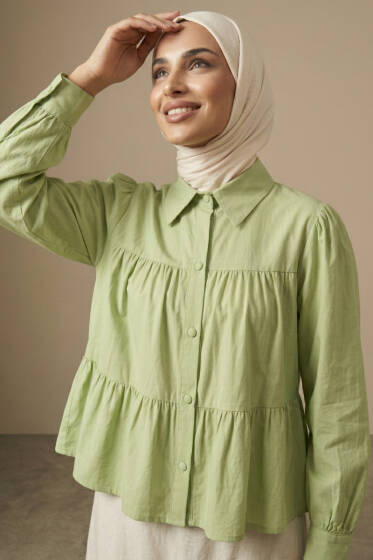 Kat Kat Detaylı Büzgülü Gömlek Çağla Yeşili - Gömlek