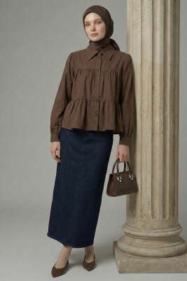 Kat Kat Detaylı Büzgülü Gömlek Kahve - TABLO FASHİON