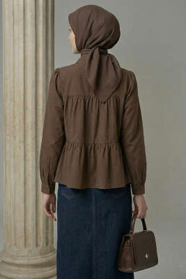 Kat Kat Detaylı Büzgülü Gömlek Kahve - Gömlek