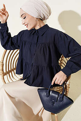 Kat Kat Detaylı Büzgülü Gömlek Lacivert - TABLO FASHİON