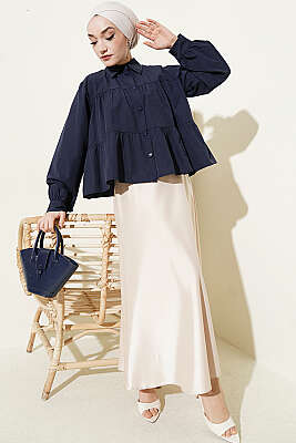 Kat Kat Detaylı Büzgülü Gömlek Lacivert - Gömlek