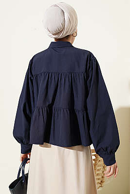 Kat Kat Detaylı Büzgülü Gömlek Lacivert - Gömlek