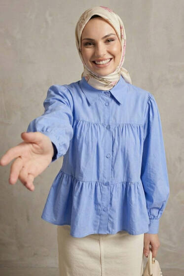 Kat Kat Detaylı Büzgülü Gömlek Mavi - Gömlek