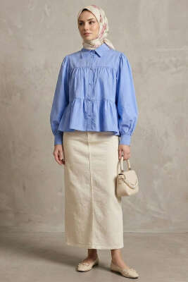 Kat Kat Detaylı Büzgülü Gömlek Mavi - Gömlek
