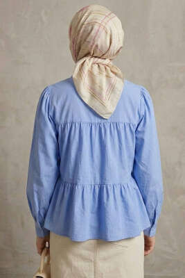 Kat Kat Detaylı Büzgülü Gömlek Mavi - Gömlek