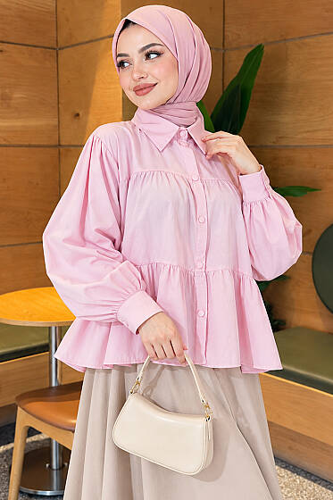 Kat Kat Detaylı Büzgülü Gömlek Pembe - 300-500 TL Ürünler