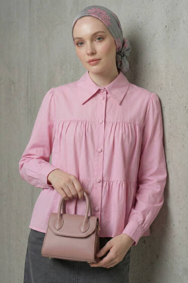 Kat Kat Detaylı Büzgülü Gömlek Pembe - Gömlek