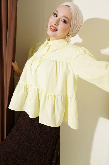 Kat Kat Detaylı Büzgülü Gömlek Sarı - Gömlek