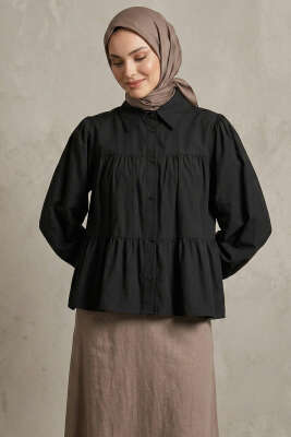 Kat Kat Detaylı Büzgülü Gömlek Siyah - TABLO FASHİON