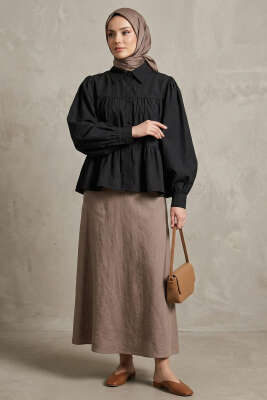 Kat Kat Detaylı Büzgülü Gömlek Siyah - Gömlek