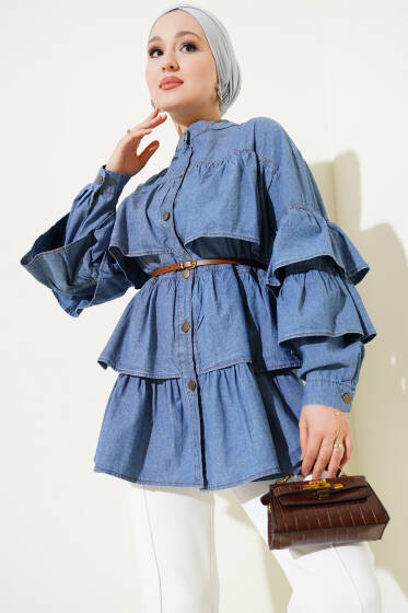 Kat Kat Fırfırlı Kot Gömlek Kot Mavisi - Gömlek