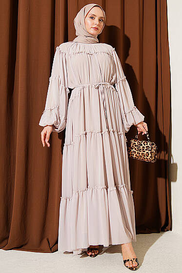 Kat Kat Fırfırlı Şifon Elbise Bej - Elbise