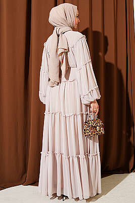 Kat Kat Fırfırlı Şifon Elbise Bej - Elbise