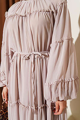 Kat Kat Fırfırlı Şifon Elbise Bej - Elbise