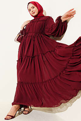 Kat Kat Fırfırlı Şifon Elbise Bordo 