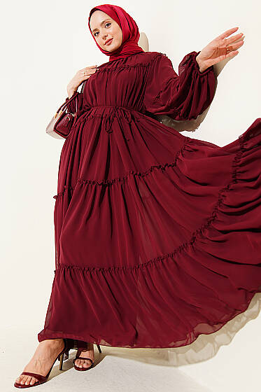 Kat Kat Fırfırlı Şifon Elbise Bordo - Elbise