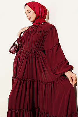 Kat Kat Fırfırlı Şifon Elbise Bordo - Elbise