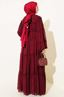 Kat Kat Fırfırlı Şifon Elbise Bordo - Elbise