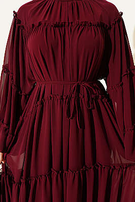 Kat Kat Fırfırlı Şifon Elbise Bordo - Elbise