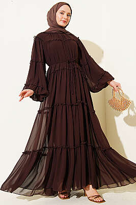 Kat Kat Fırfırlı Şifon Elbise Kahve - WENNA DESIGN