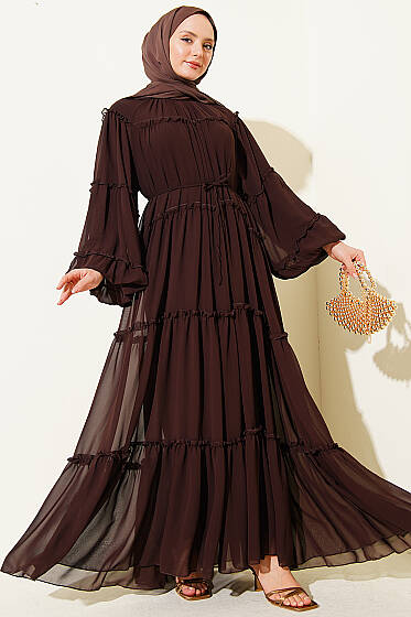 Kat Kat Fırfırlı Şifon Elbise Kahve - Elbise