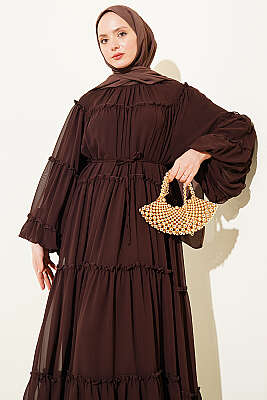 Kat Kat Fırfırlı Şifon Elbise Kahve - Elbise