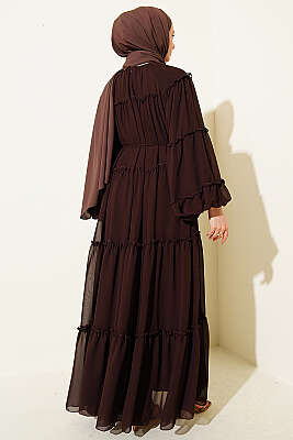 Kat Kat Fırfırlı Şifon Elbise Kahve - Elbise