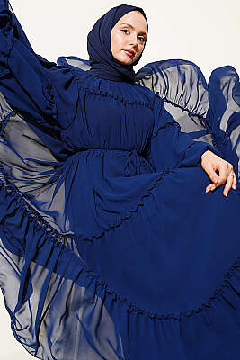 Kat Kat Fırfırlı Şifon Elbise Lacivert - WENNA DESIGN