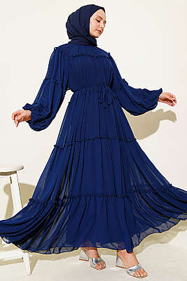 Kat Kat Fırfırlı Şifon Elbise Lacivert - Elbise