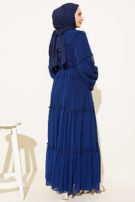 Kat Kat Fırfırlı Şifon Elbise Lacivert - Elbise