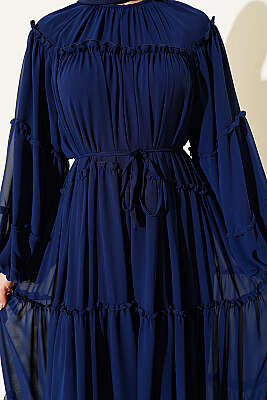 Kat Kat Fırfırlı Şifon Elbise Lacivert - Elbise