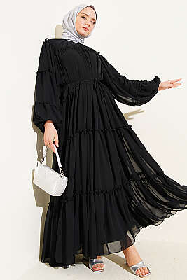 Kat Kat Fırfırlı Şifon Elbise Siyah - WENNA DESIGN