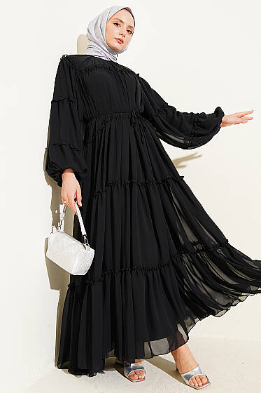 Kat Kat Fırfırlı Şifon Elbise Siyah - Elbise