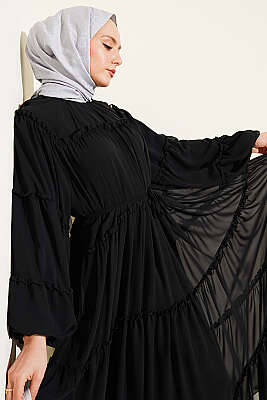 Kat Kat Fırfırlı Şifon Elbise Siyah - Elbise