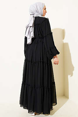 Kat Kat Fırfırlı Şifon Elbise Siyah - Elbise