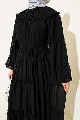 Kat Kat Fırfırlı Şifon Elbise Siyah - Elbise