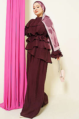 Kat Kat Fırfırlı Tunik İkili Takım Bordo - HATUN