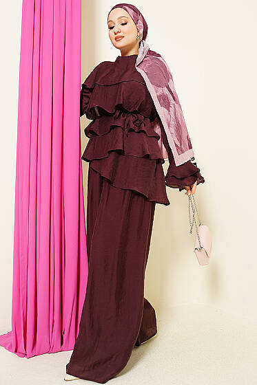 Kat Kat Fırfırlı Tunik İkili Takım Bordo - İkili Takım