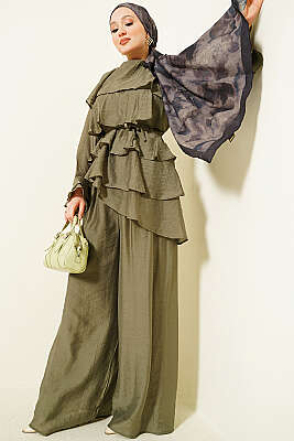 Kat Kat Fırfırlı Tunik İkili Takım Haki - HATUN