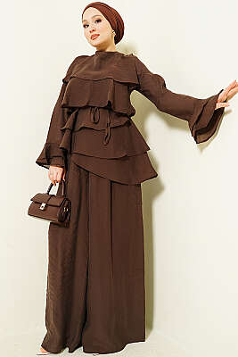 Kat Kat Fırfırlı Tunik İkili Takım Kahve - HATUN